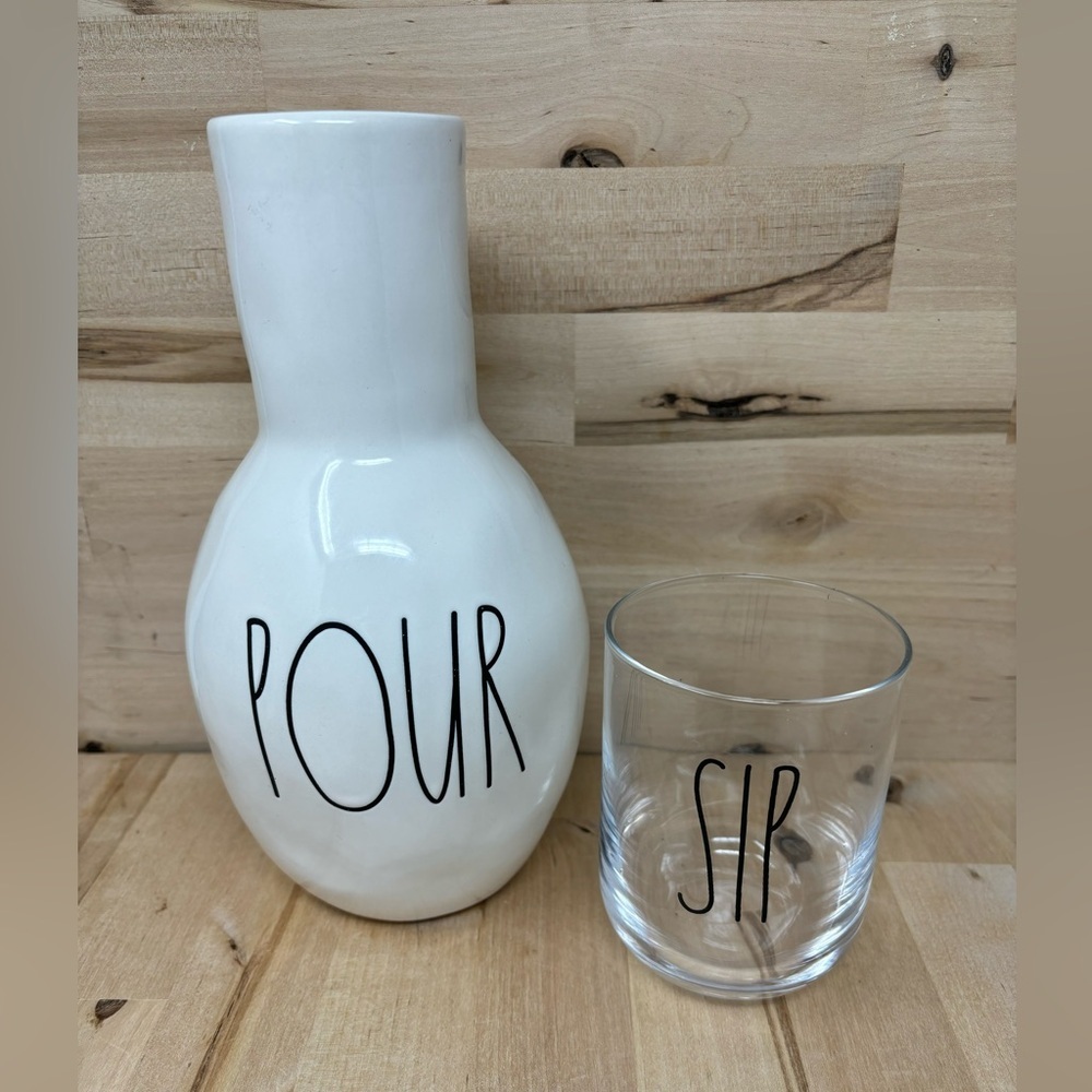 Rae Dunn POUR SIP Set 2 Pc White Carafe & Glass Cup to Serve Favorite Beverage